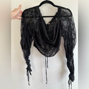 Free People Black Long Sleeve Lace Tie Top